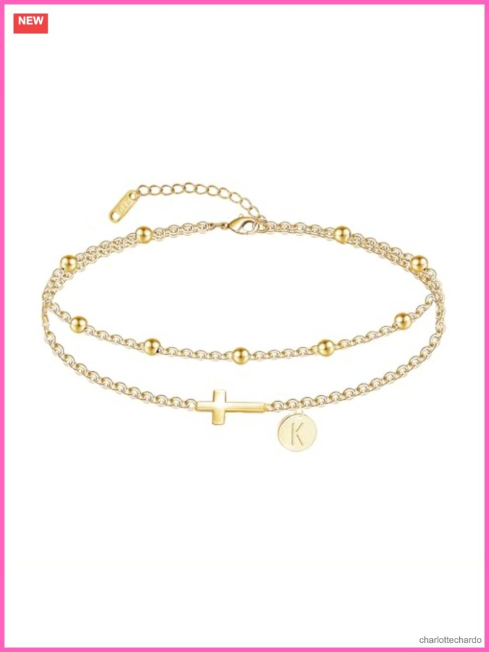 18K Gold Plated Cross Initial Bracelet Dainty Disc Charm Christian Gift